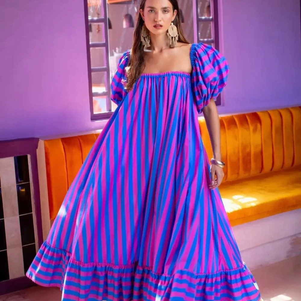 Erika Peña Striped Puff Sleeve Maxi Dress